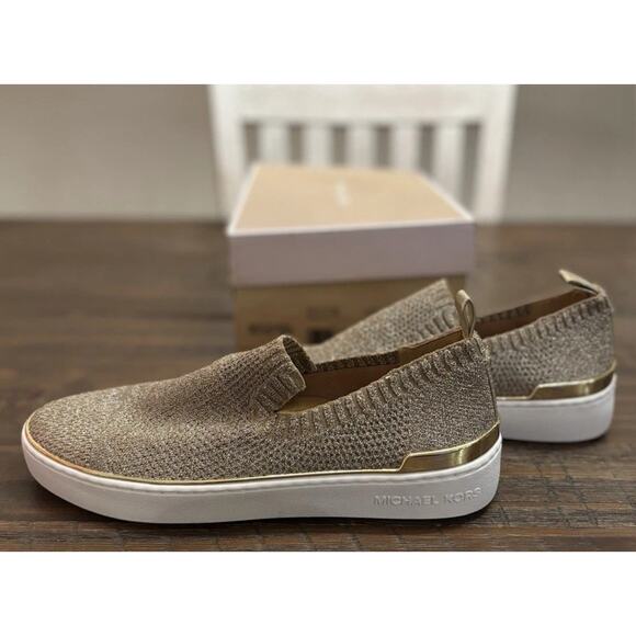 Michael Kors Juno Knit Slip On Sneaker Sparkle Gold Fashion Metallic 8M (NWB) - Picture 5 of 12